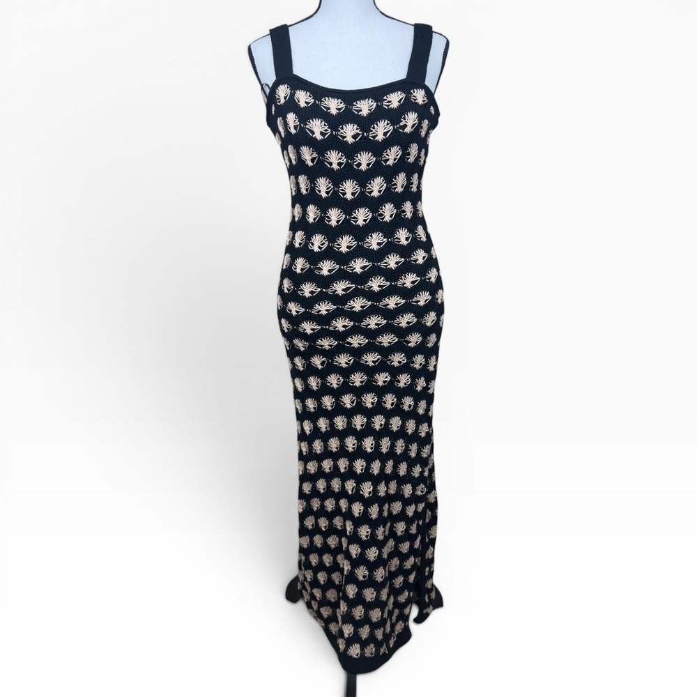 Crochet Open Knit Maxi Dress Small Black Cream Shell Boho Side Slit Beach Resort